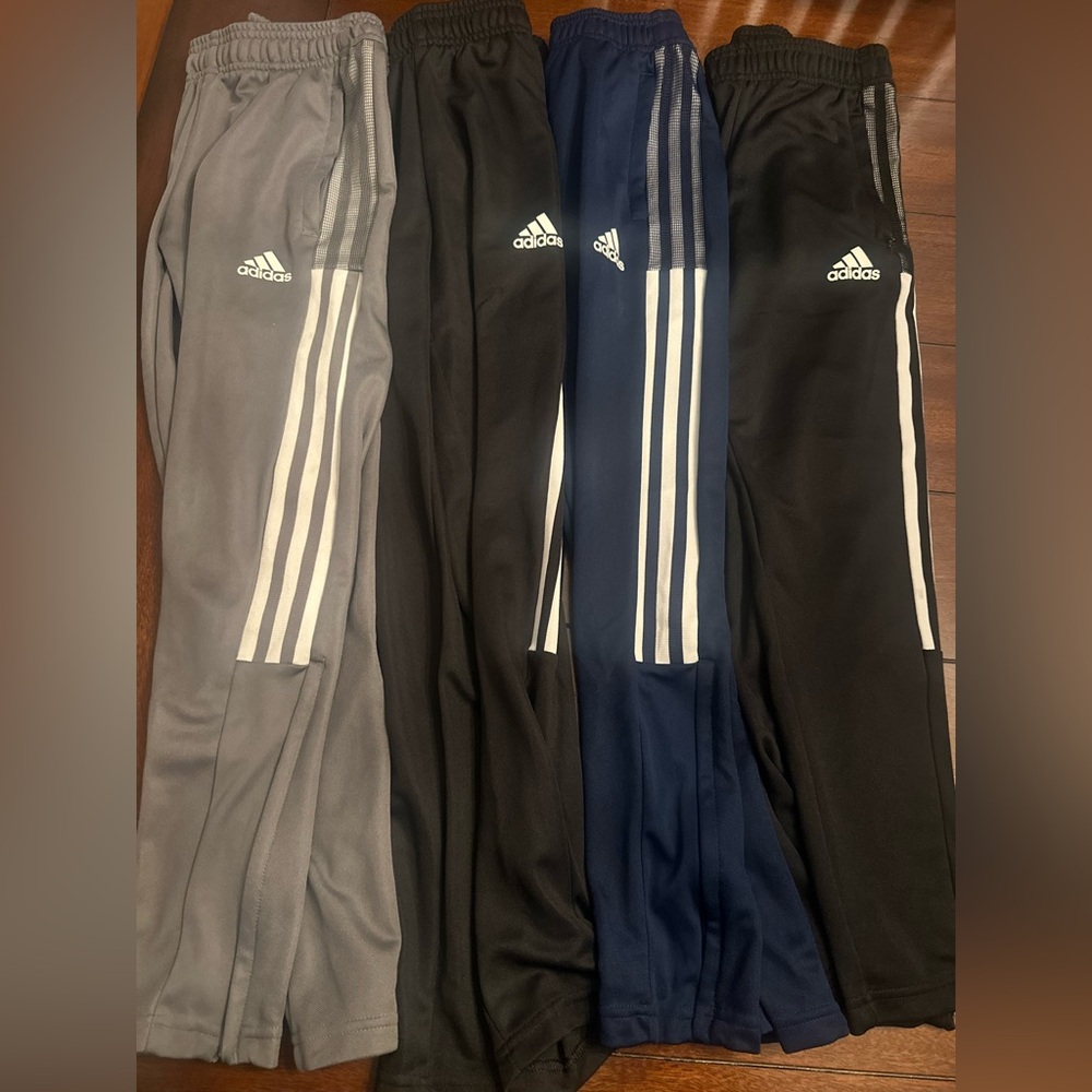 4 adidas training pants with zipper bottom gray, blue black size small 9-10